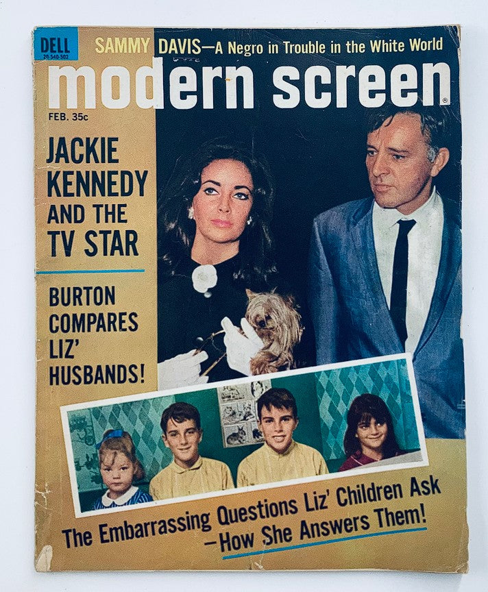 VTG Modern Screen Magazine February 1965 featuring Liz Taylor and Richard Burton on the cover, showcasing their Hollywood glamour alongside other notable stories.