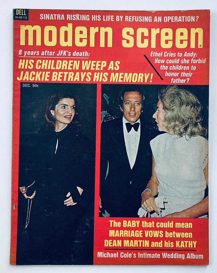Cover of VTG Modern Screen Magazine December 1971 Vol 65 #12 featuring Jackie Onassis, highlighting cultural moments and celebrity stories from the 1970s.