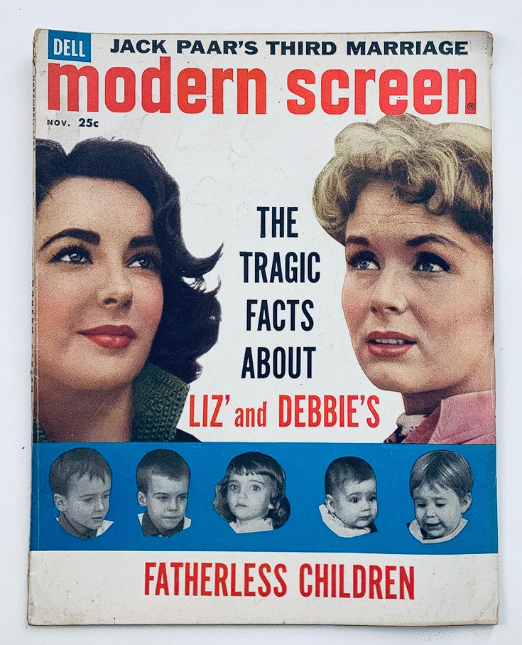 Front cover of VTG Modern Screen Magazine from November 1959 featuring iconic actresses Liz Taylor and Debbie Reynolds, with headlines about tragic facts regarding their lives.