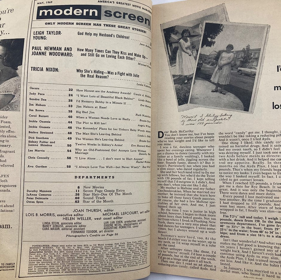 Inside pages of VTG Modern Screen Magazine May 1969 showcasing articles and features, including stories about Jackie Onassis and other celebrities of the era.