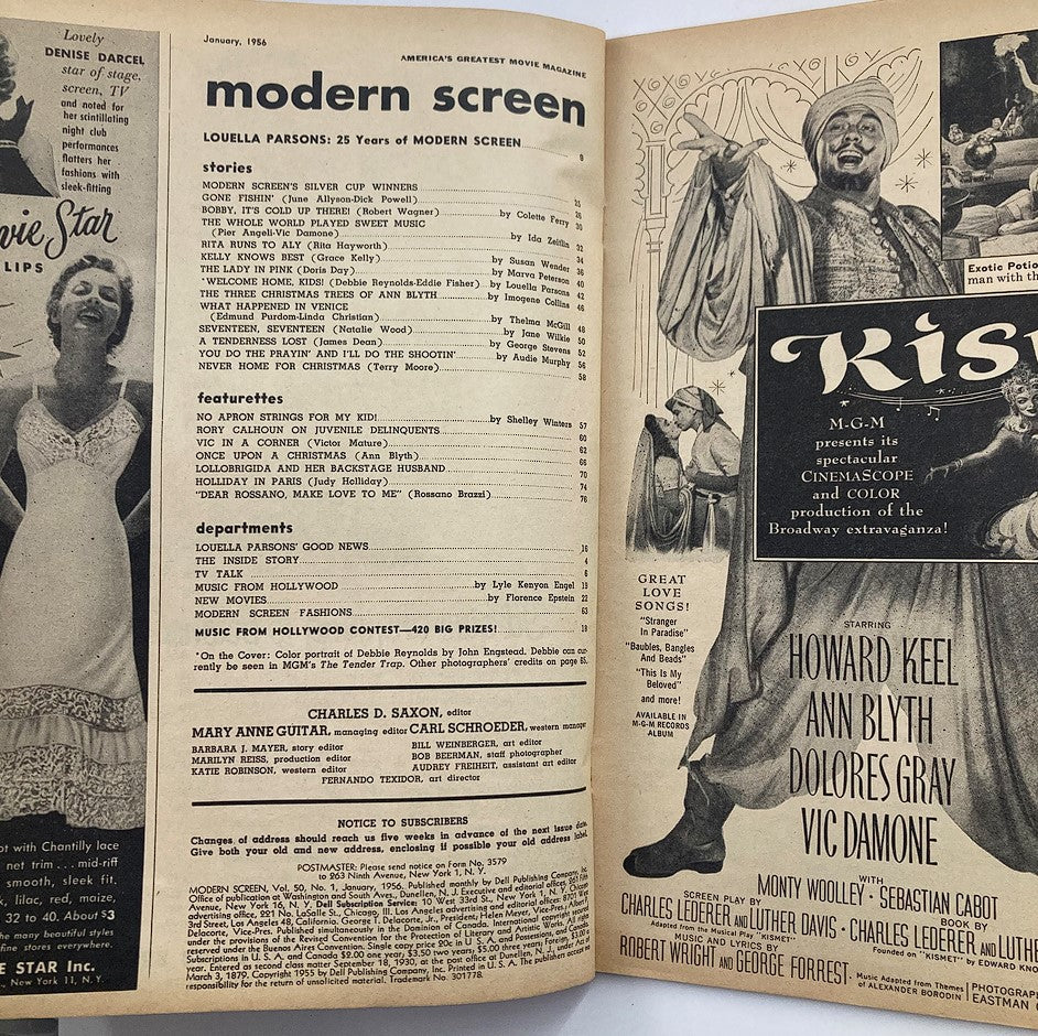 Inside page of Modern Screen Magazine January 1956, displaying contents and articles related to Hollywood and film stars, celebrating 25 years of the magazine.