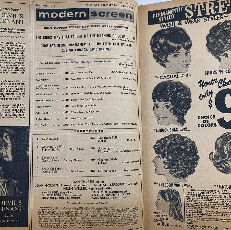 Interior page of the VTG Modern Screen Magazine January 1972 showcasing the table of contents, featuring articles including 'The Christmas That Taught Me the Meaning of Love' and a special collectors' bonus on the magazine's 30-year history.