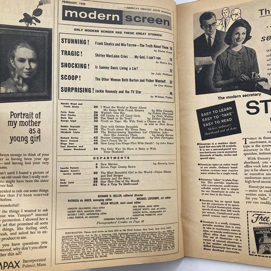 Interior page of VTG Modern Screen Magazine February 1965, listing articles and features including Jackie Kennedy and various movie-related topics.