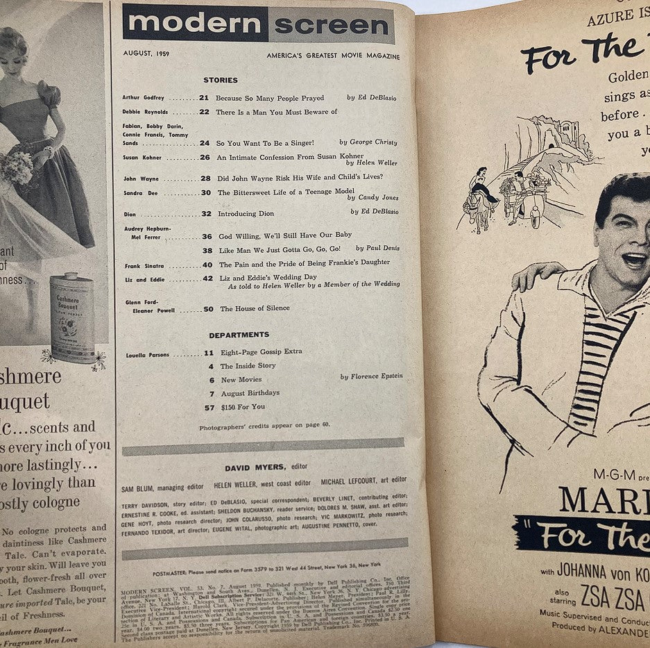 Inside page of VTG Modern Screen Magazine August 1959 displaying article titles and content layout, highlighting 1950s pop culture.
