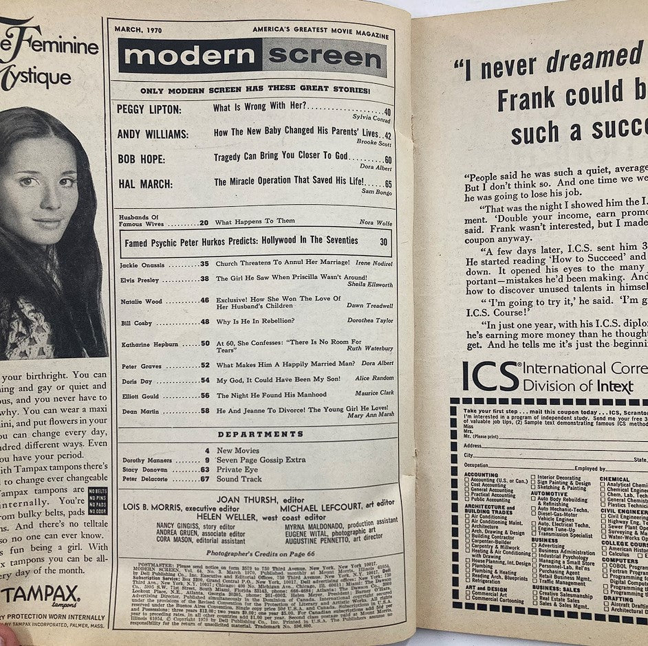 Inside page of VTG Modern Screen Magazine March 1970 showcasing the table of contents and articles, including Jackie Onassis and featured stories of the era.