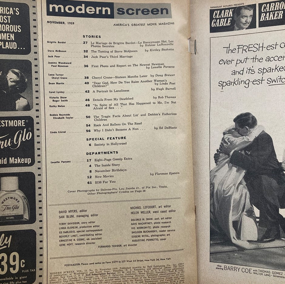 Inside page of VTG Modern Screen Magazine November 1959, showcasing various articles including features on Liz Taylor and Debbie Reynolds, with a focus on Hollywood history.