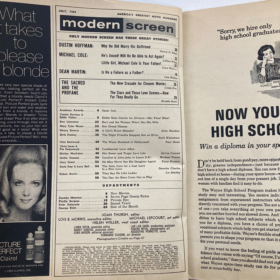 Interior pages of VTG Modern Screen Magazine July 1969 showcasing articles and content, highlighting cultural insights from the era.