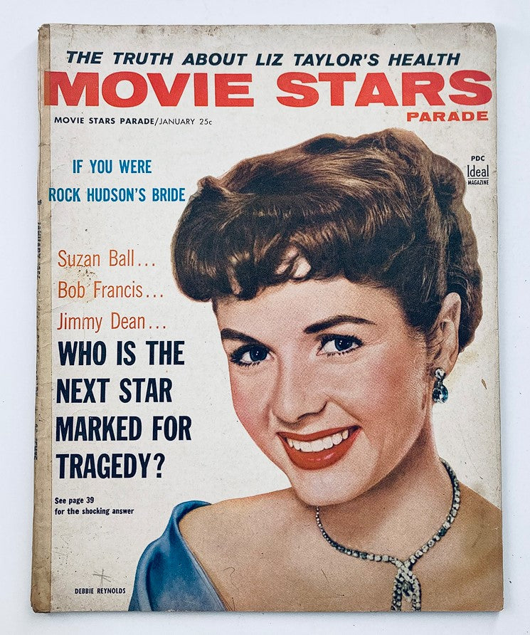 Cover of VTG Movie Stars Parade January 1956 featuring Debbie Reynolds, showcasing a smiling portrait with a necklace, and the title highlighting topics including Liz Taylor's health and Rock Hudson's bride.
