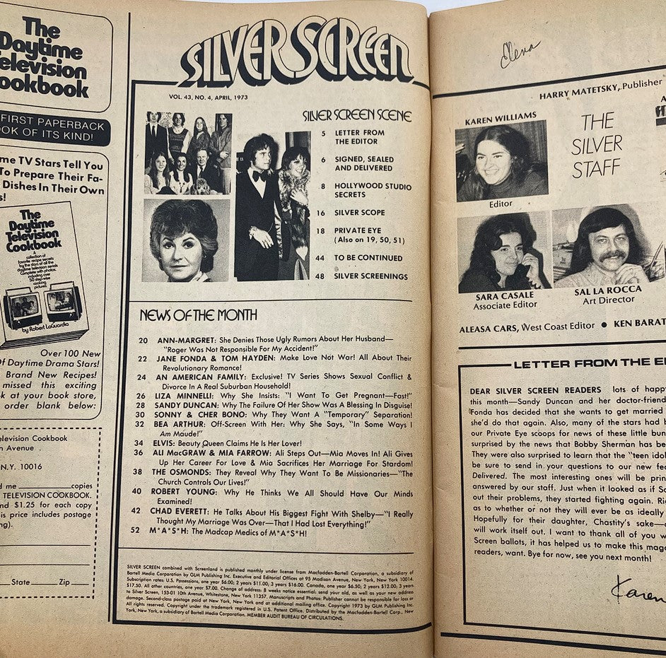 Interior page of VTG Silver Screen Magazine April 1973 Vol 43 #4 showcasing content listings with photographs of iconic stars, reflecting the cultural scene of the 1970s.
