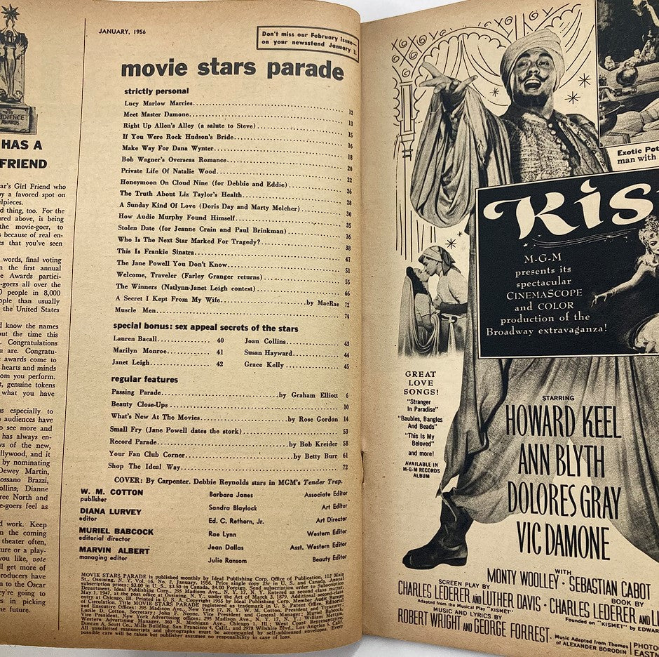 Inside page of VTG Movie Stars Parade January 1956, listing articles and features, including Debbie Reynolds in MGM's Tender Trap, alongside other movie stars and topics of the era.