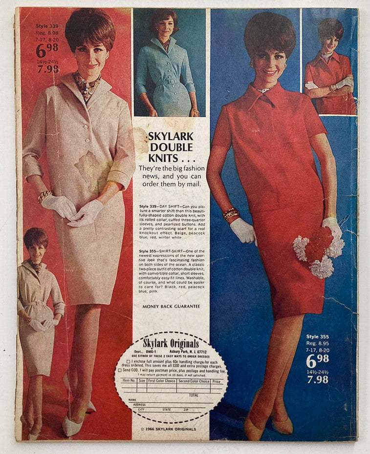 Back cover of VTG Screen Stories Magazine January 1967 featuring fashion ads, showcasing the stylish trends from the 1960s.