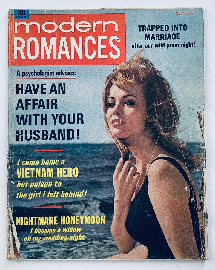 VTG Modern Romances Magazine September 1967 cover featuring a woman in a swimsuit, highlighting stories like 'Nightmare Honeymoon' and 'Have an Affair with Your Husband!'.