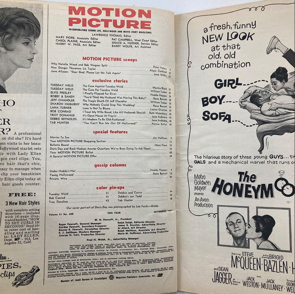 Inside view of VTG Motion Picture Magazine September 1961, highlighting exclusive stories and cinematic scoops, featuring prominent actresses and film news from the era.