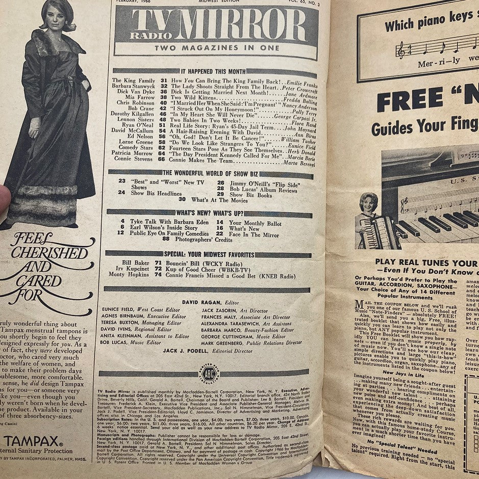 Inside page of VTG TV Radio Mirror Magazine February 1966 Vol 65 #3, showcasing magazine contents with articles about the King Family, entertainment news, and a vintage advertisement.