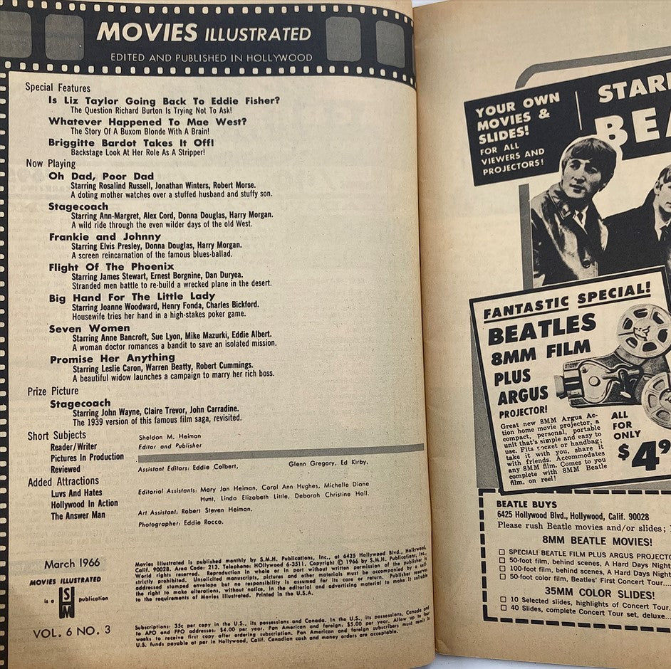Inside page of VTG Movies Illustrated Magazine March 1966 showcasing movie features and information including a special on Liz Taylor and Eddie Fisher.