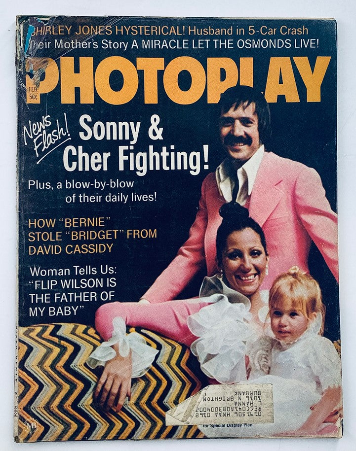 Cover of Photoplay Magazine February 1973 Vol 83 #2 featuring Sonny and Cher, showcasing their vintage appeal with bold headlines and vibrant colors.