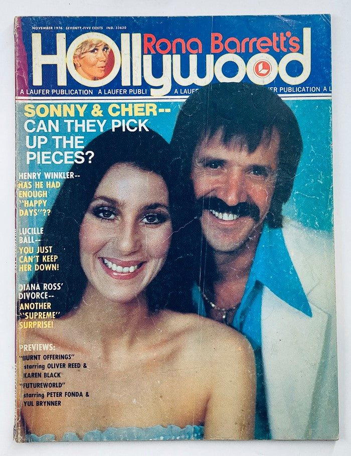 Rona Barrett's Hollywood Magazine cover from November 1976 featuring Sonny and Cher, showcasing the iconic couple with a vintage aesthetic.