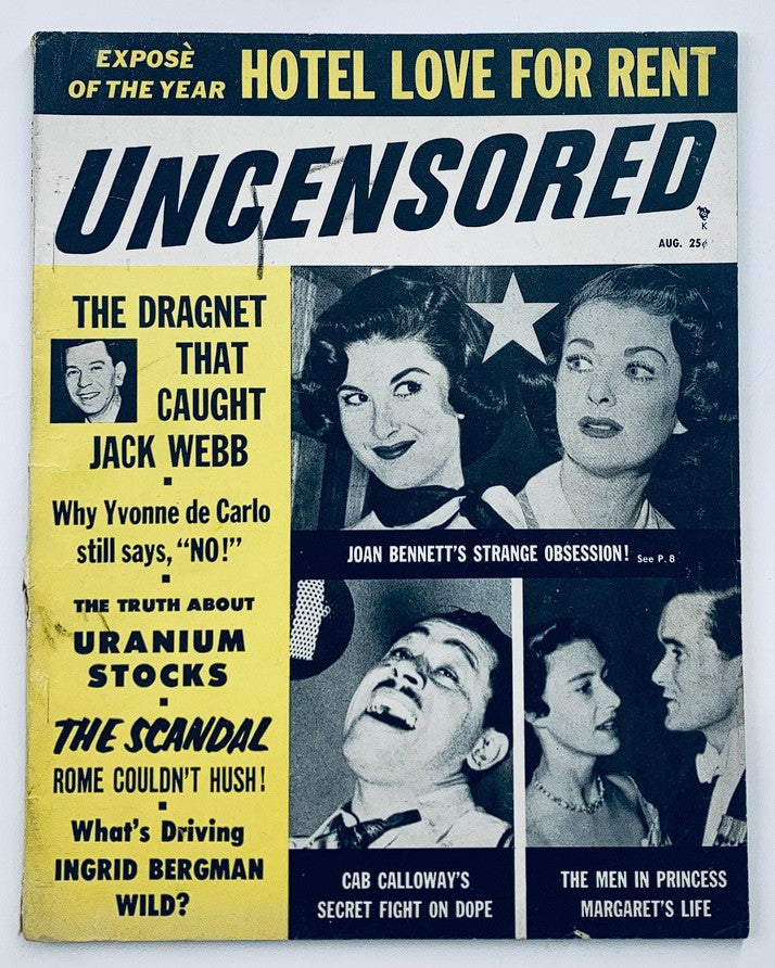 Cover of VTG Uncensored Magazine August 3 1955 Vol 3 #3 featuring Joan Bennett and articles on various topics, showcasing a vintage media aesthetic.