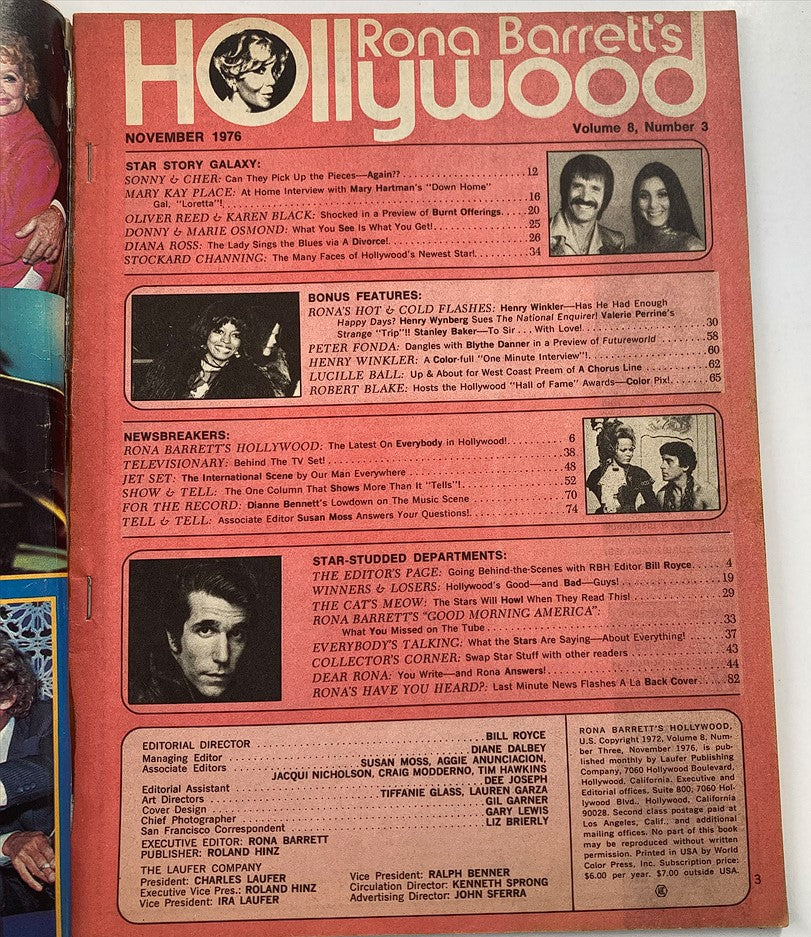 Interior page of Rona Barrett's Hollywood Magazine from November 1976, highlighting articles and features, including a star story about Sonny and Cher.