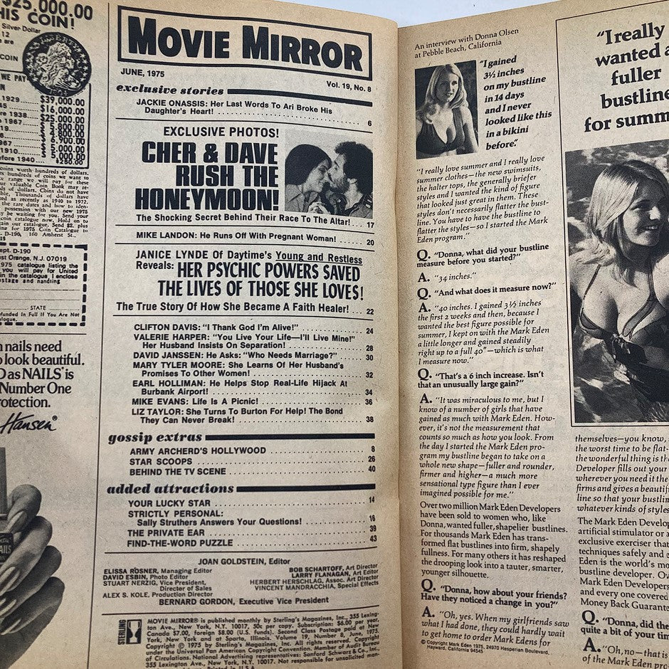 Interior page of VTG Movie Mirror Magazine June 1975 Vol 19 #8 displaying exclusive stories and gossip, including Cher and Dave's honeymoon details and celebrity insights.