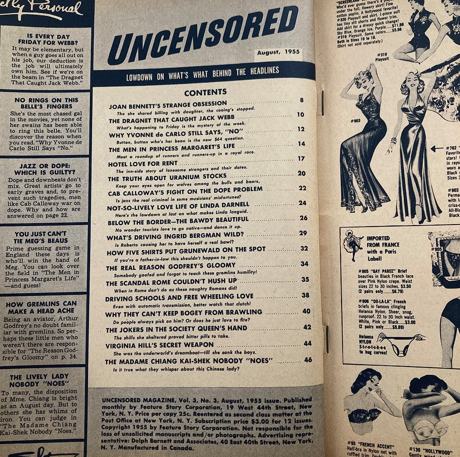 Inside page of VTG Uncensored Magazine August 3 1955 Vol 3 #3 displaying the contents and articles, reflecting the magazine's vintage design and themes.