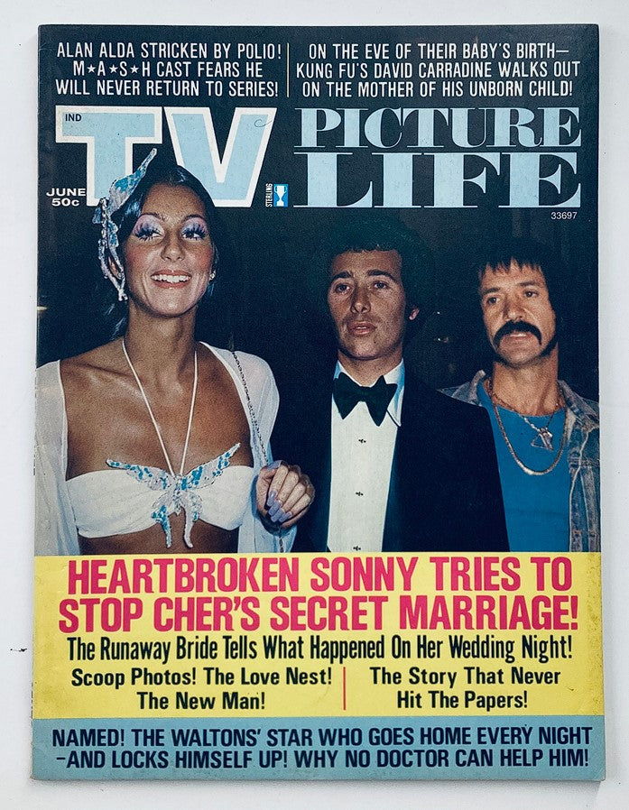 Vintage TV Picture Life Magazine June 1974, Vol 19 #6 featuring Cher and Sonny Bono on the cover along with Burt Reynolds. The cover highlights a story about Sonny Bono trying to stop Cher's secret marriage.
