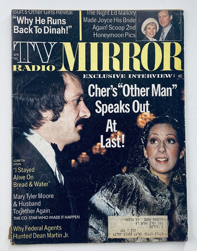 Cover of VTG TV Radio Mirror Magazine April 1974 Vol 74 #5 featuring Sonny and Cher with the headline 'Cher's "Other Man" Speaks Out At Last!'. The cover showcases the iconic duo amidst vibrant 1970s pop culture visuals.