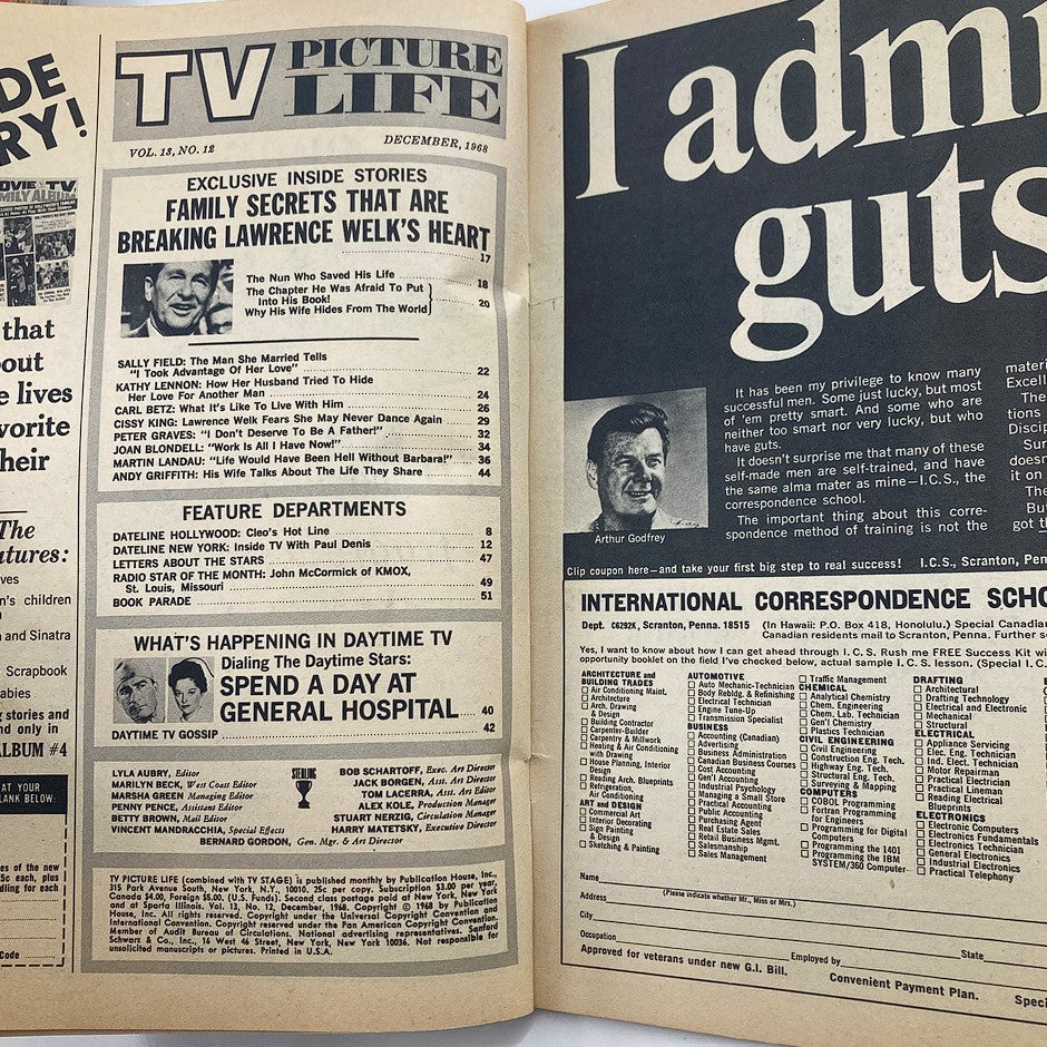 Inside page of VTG TV Picture Life Magazine December 1968 Vol 13 #12, showcasing an article index and features including Lawrence Welk's family secrets, exclusive stories, and television gossip.
