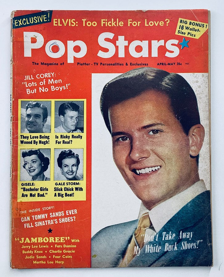 Cover of VTG Pop Stars Magazine April 1958 featuring Pat Boone, with headlines about Elvis Presley, Gisele MacKenzie, and more iconic figures of the era.