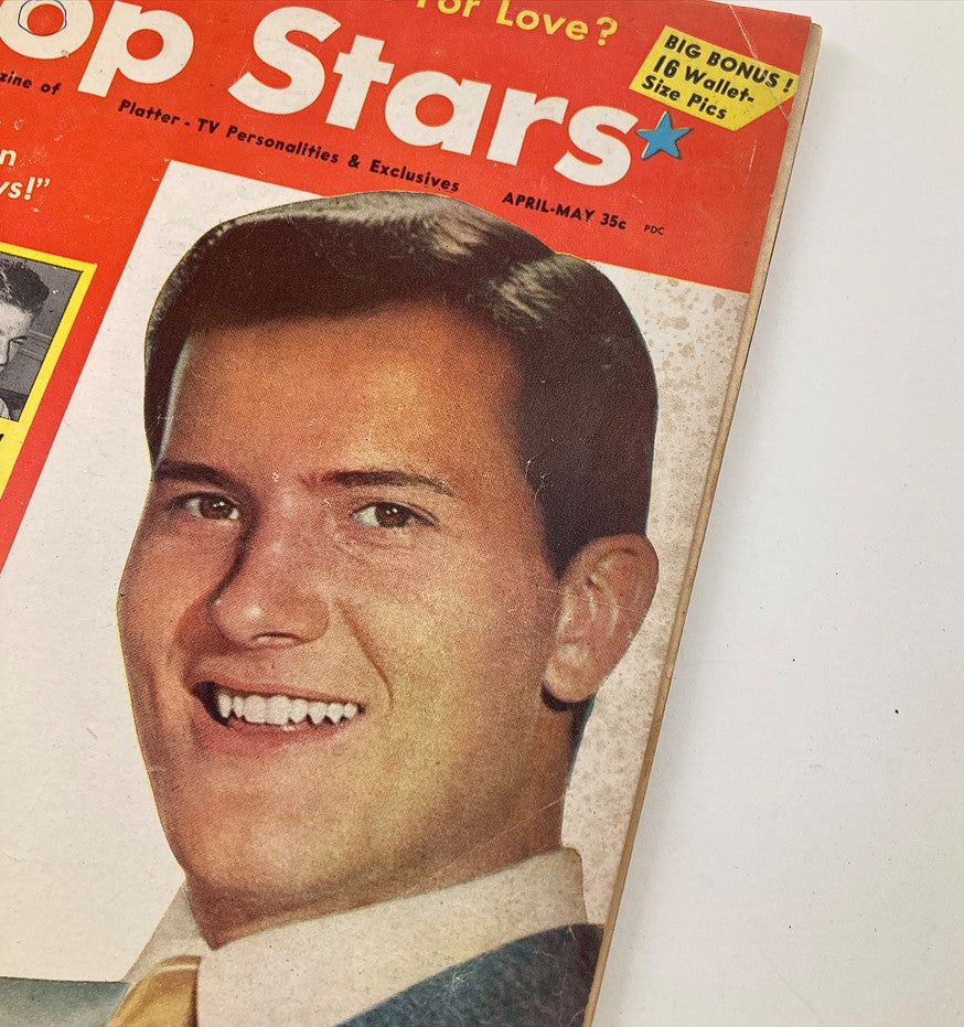 Cover of VTG Pop Stars Magazine April 1958 featuring smiling male personality, highlighting features of iconic stars like Pat Boone and Gisele MacKenzie.