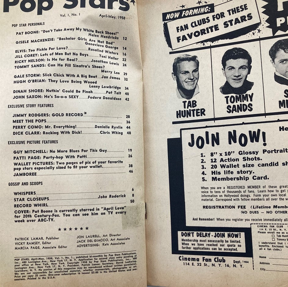 Inside spread of VTG Pop Stars Magazine April 1958 listing legendary personalities such as Pat Boone, Gisele MacKenzie, and others, showcasing articles and features from the era.