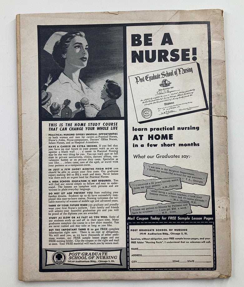 Back cover of VTG Pop Stars Magazine April 1958 advertising a nursing school course, featuring a vintage illustration of a nurse.