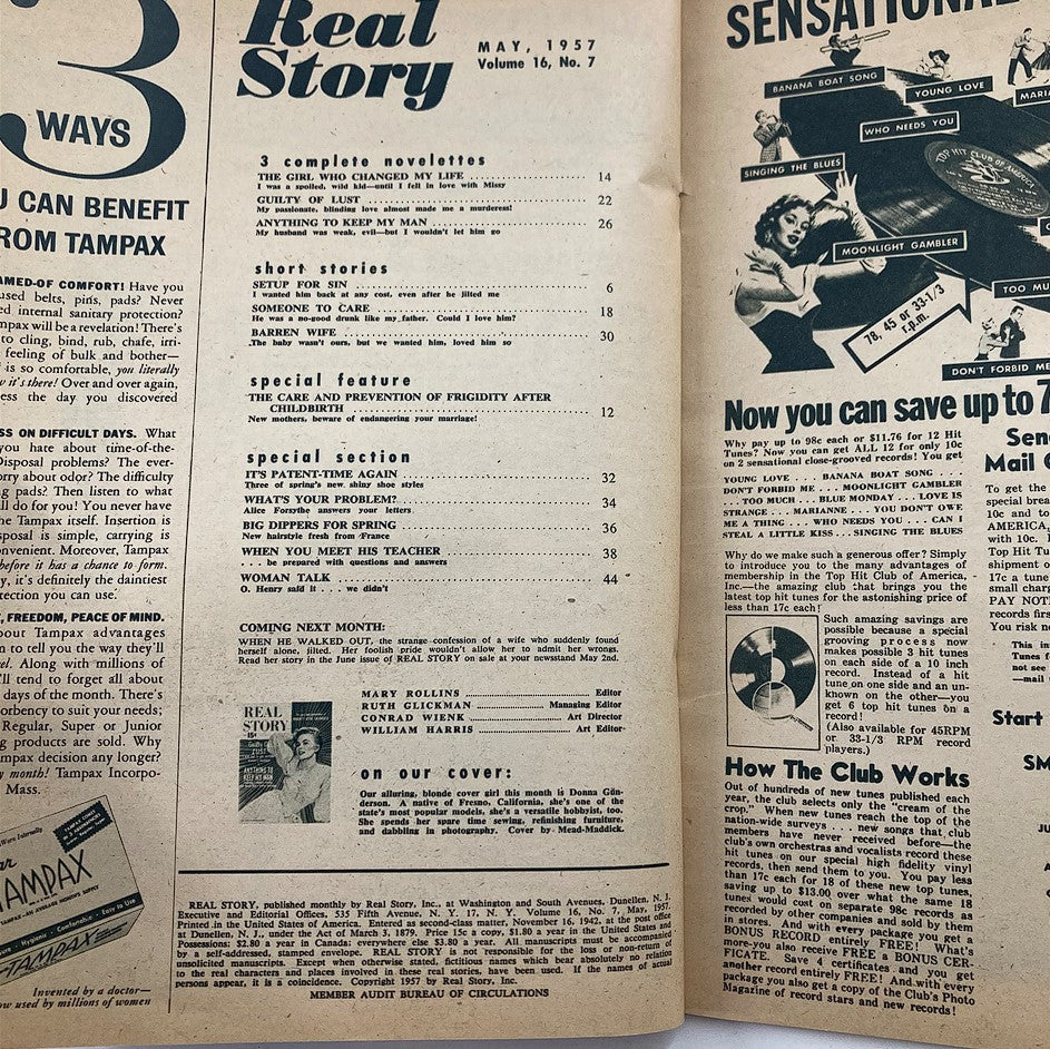 Interior page of VTG Real Story Magazine May 1957 Vol 16 #7 featuring the table of contents and advertisements, capturing mid-century pop culture and storytelling.