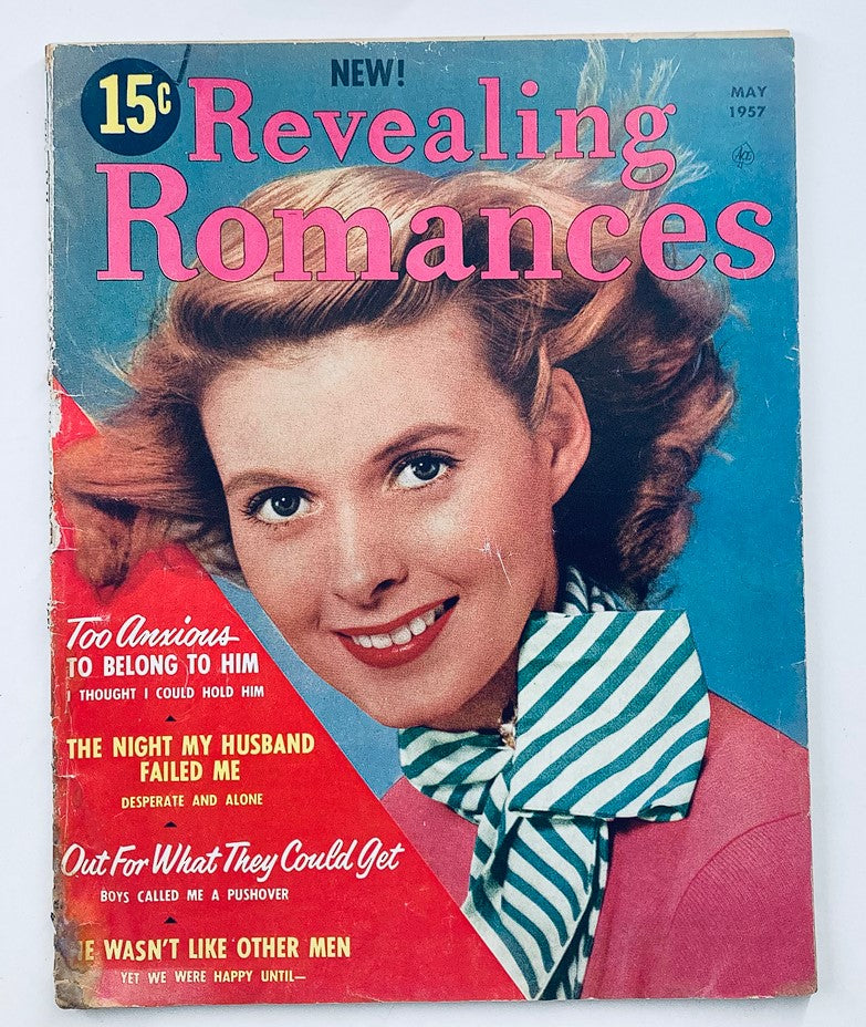 Cover of VTG Revealing Romances Magazine May 1957, featuring the headline 'Women Were His Weakness' and a smiling woman with curly hair and a striped scarf.