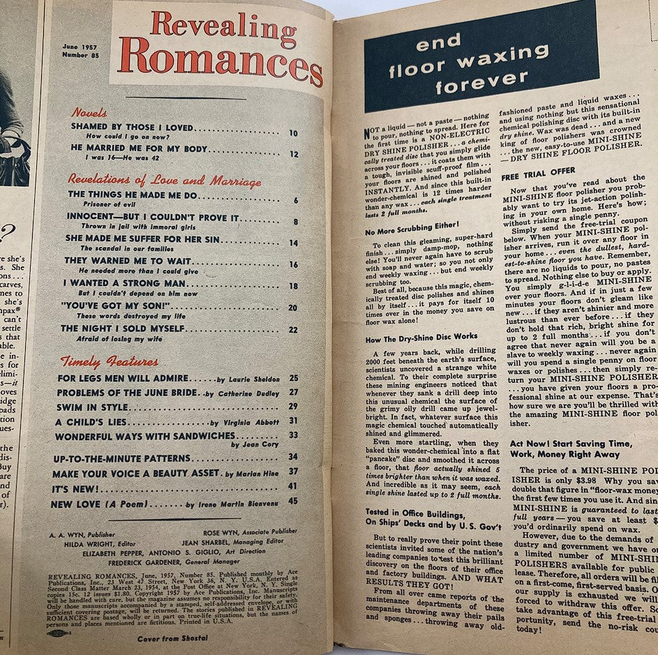 Interior page of VTG Revealing Romances Magazine June 1957 No. 85, displaying the table of contents with titles such as 'A Child's Lies' and 'Problems of the June Bride,' reflecting mid-century romantic literature.