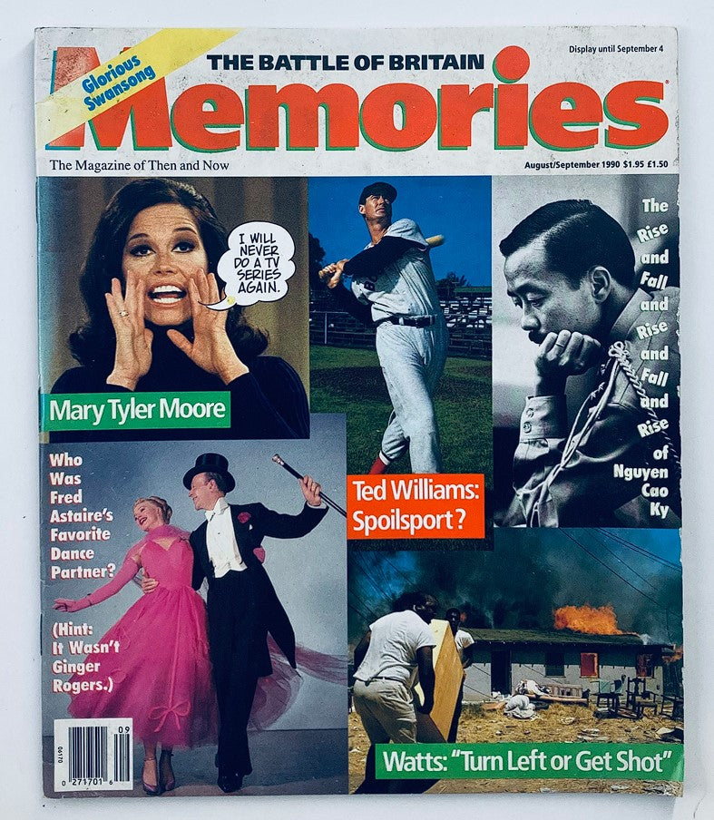 Vintage Memories Magazine cover from August 1990, Volume 3 Issue 4, featuring Mary Tyler Moore and various articles, including sports and cultural commentary.