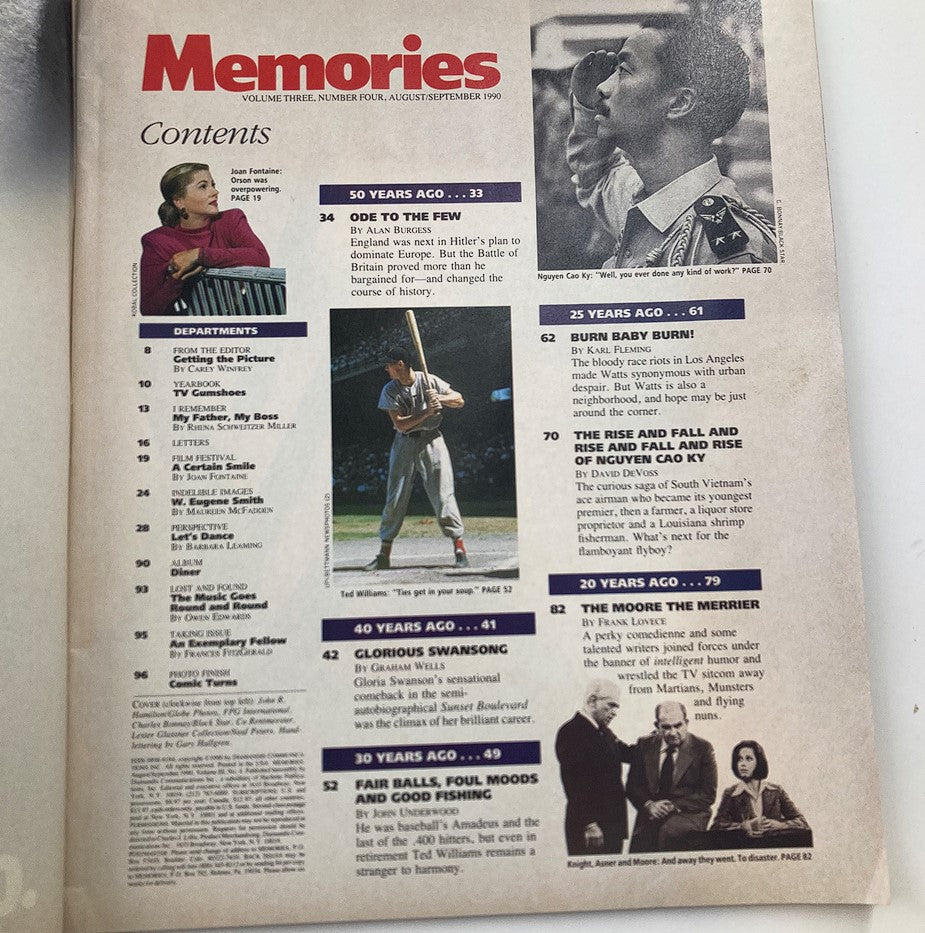 Contents page of Vintage Memories Magazine from August 1990, Volume 3 Issue 4, highlighting various articles and features, including Mary Tyler Moore and historical reflections.