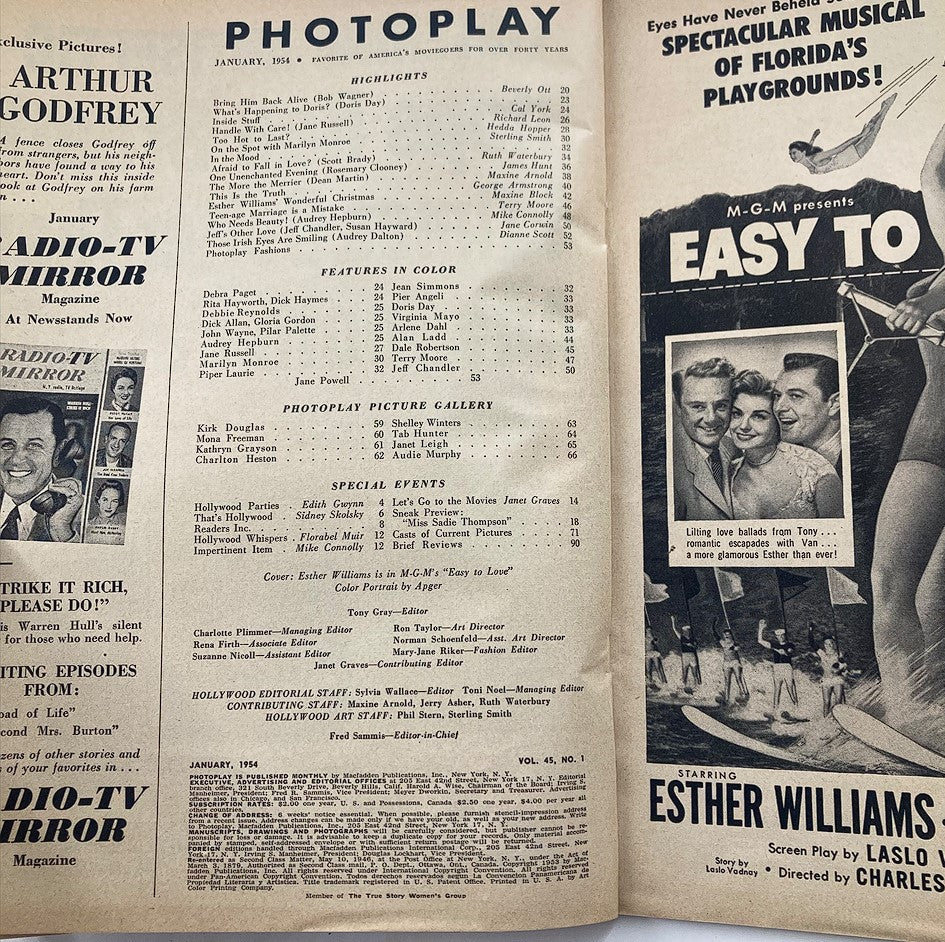 Inside page of VTG Photoplay Magazine January 1954 showcasing highlights and features, including coverage of the movie 'Easy to Love' starring Esther Williams. A must-have for classic film enthusiasts.