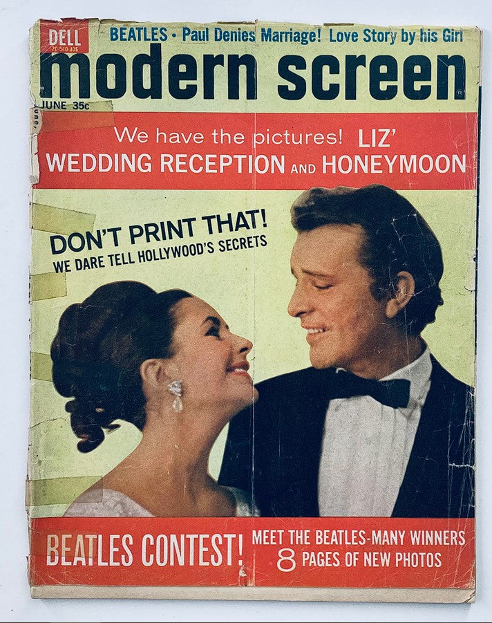 VTG Modern Screen Magazine June 1964 cover featuring Elizabeth Taylor and Richard Burton, highlighting wedding reception and honeymoon details.