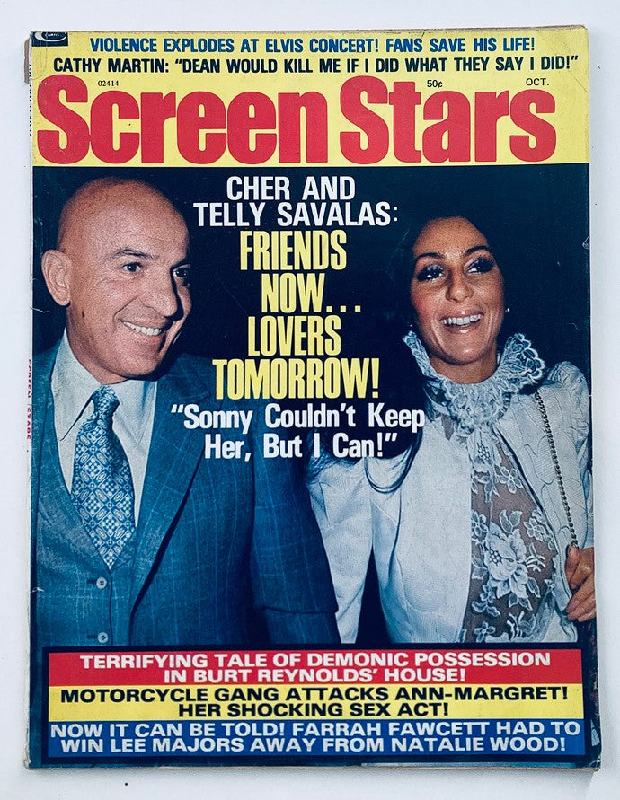 Cover of VTG Screen Stars Magazine October 1974 featuring Cher and Telly Savalas with the title Text 'Friends Now... Lovers Tomorrow!' highlighting their iconic pop culture presence.