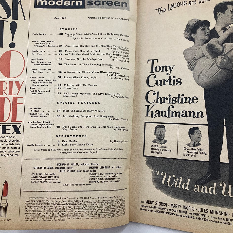 VTG Modern Screen Magazine June 1964 interior page showcasing articles on Hollywood stars, including stories and features about film and celebrity culture.