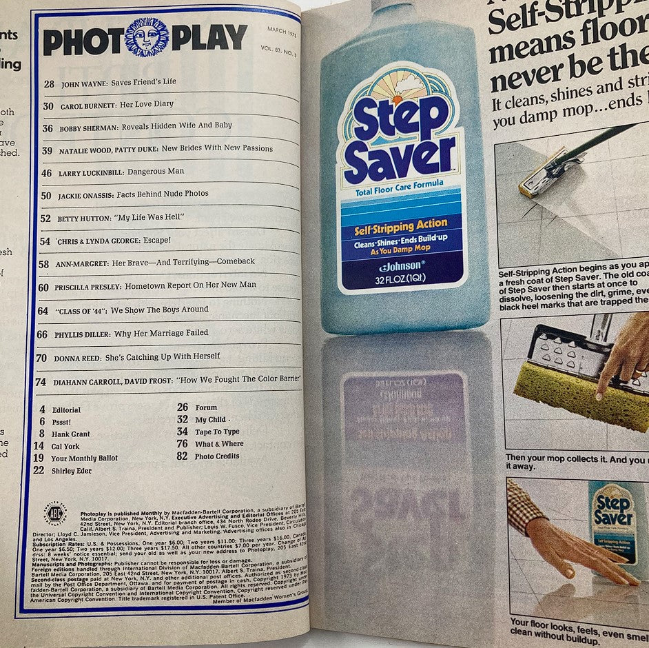 Interior page of Photoplay Magazine March 1973 Vol 83 #3 featuring a product advertisement for Step Saver cleaning solution, alongside a list of magazine articles including features on Natalie Wood and Patty Duke.