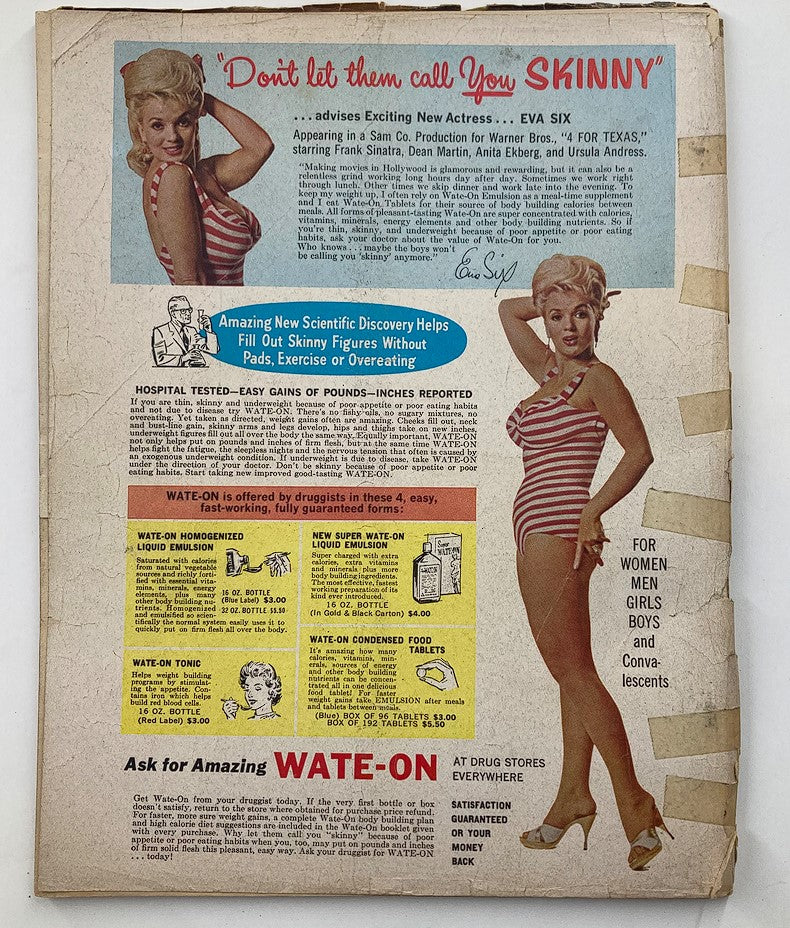 Back cover of VTG Modern Screen Magazine June 1964 featuring a vintage advertisement with an actress promoting Wate-On, a weight gain product, displaying a striped swimsuit.
