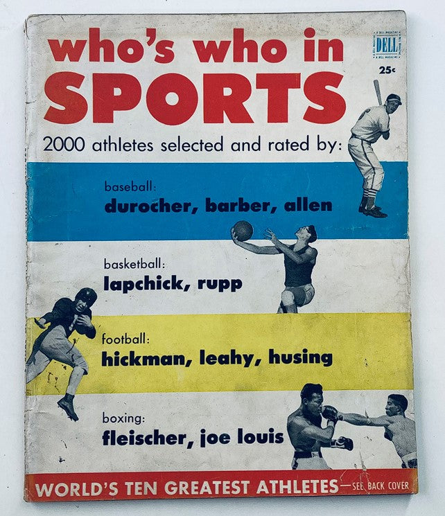 Cover of VTG Dell Magazine Who's Who in Sports 1952, featuring title and images of athletes from various sports such as baseball, basketball, football, and boxing.