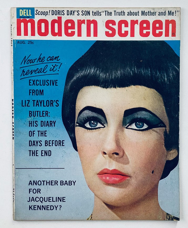 Cover of VTG Modern Screen Magazine August 1962 featuring Elizabeth Taylor, showcasing bold makeup and classic Hollywood style.