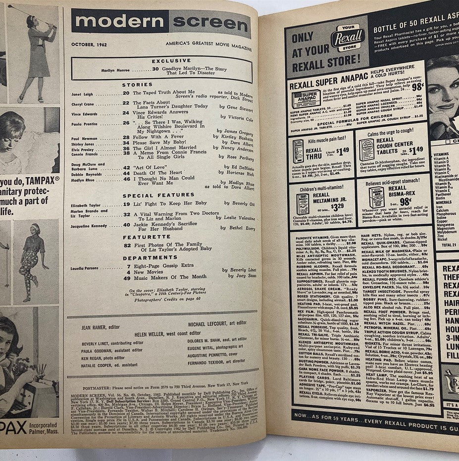 Interior page of VTG Modern Screen Magazine October 1962 displaying the table of contents, highlighting exclusive articles and features from iconic celebrities of the era.