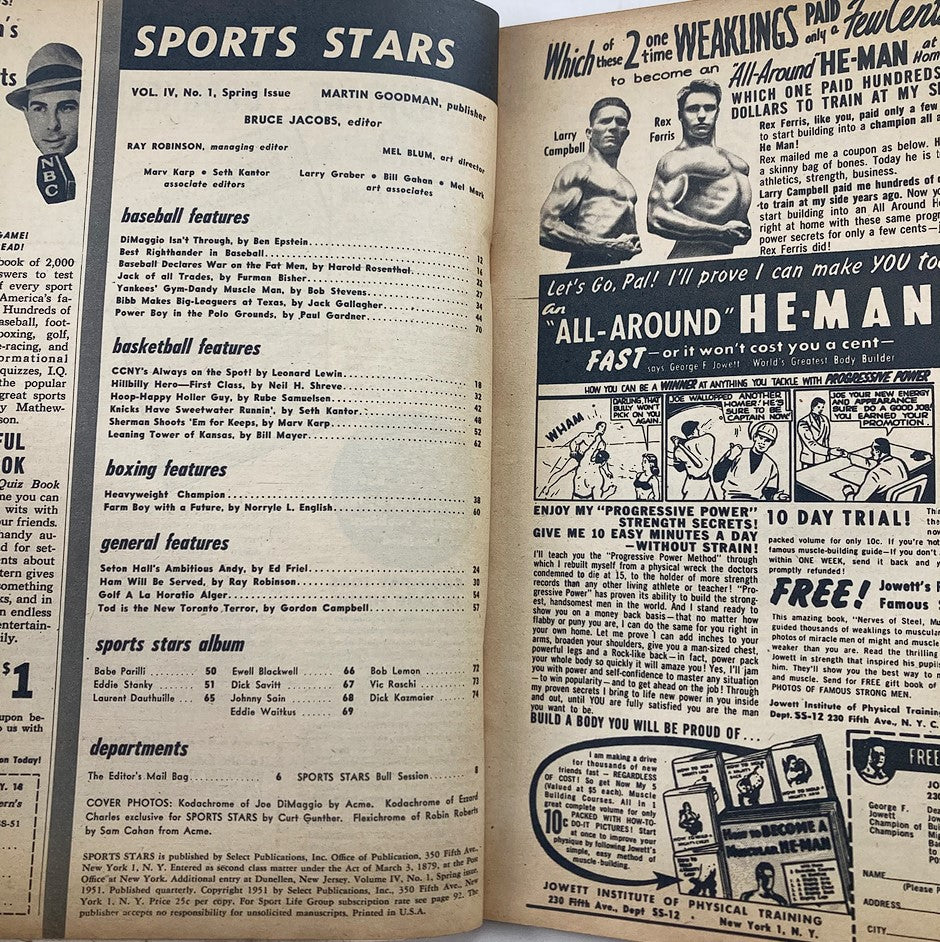 Inside view of VTG Sports Stars Magazine Spring 1951 Vol 4 #1 featuring various sports sections, including baseball, basketball, and boxing features, capturing the essence of 1950s sports culture with editorial content related to Joe DiMaggio.