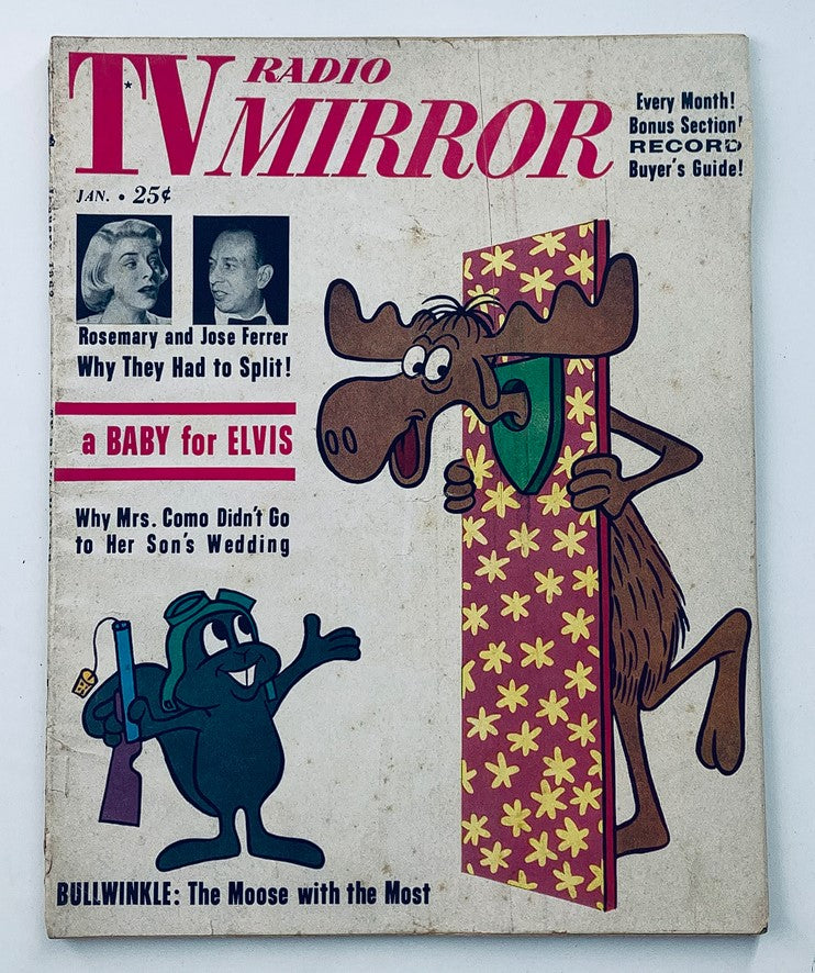 Cover of VTG TV Radio Mirror Magazine January 1962 featuring Rosemary and Jose Ferrer. The magazine showcases classic entertainment with illustrations, including Bullwinkle the Moose, capturing the charm of the 1960s.