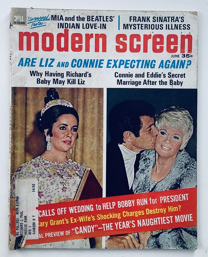 Cover of VTG Modern Screen Magazine June 1968 featuring Elizabeth Taylor and Connie Stevens, showcasing classic Hollywood glamour and intriguing headlines.