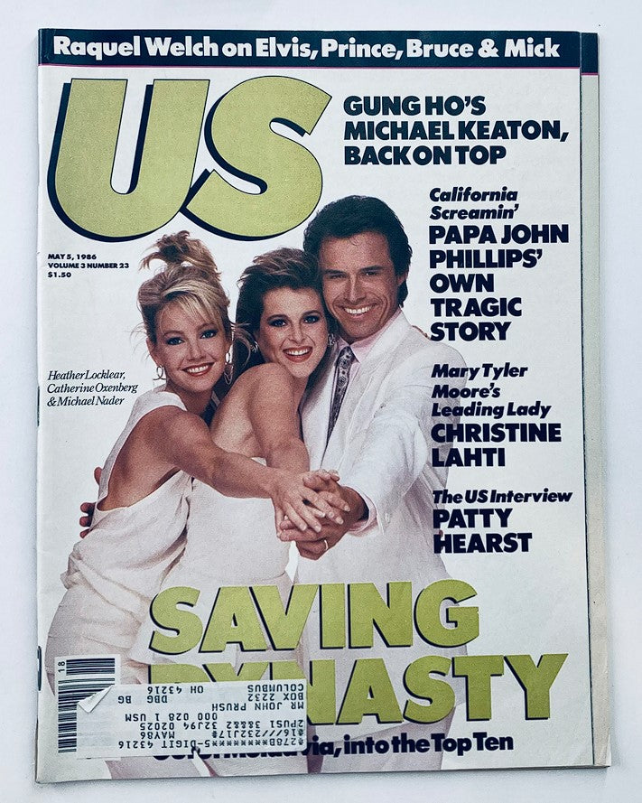 US Magazine cover from May 5, 1986, featuring Heather Locklear, Catherine Oxenberg, and Michael Nader. Highlights include articles on Michael Keaton and Patty Hearst, capturing 1980s pop culture.